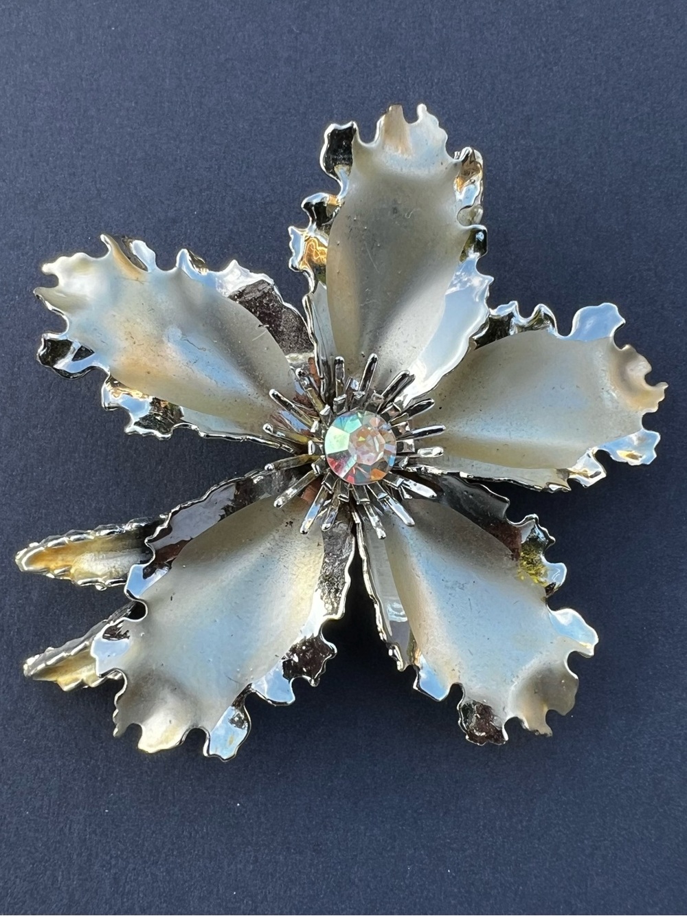 Vintage Large Metal Silver Tone AB Rhinestone Flower Brooch Pin Aurora Borealis